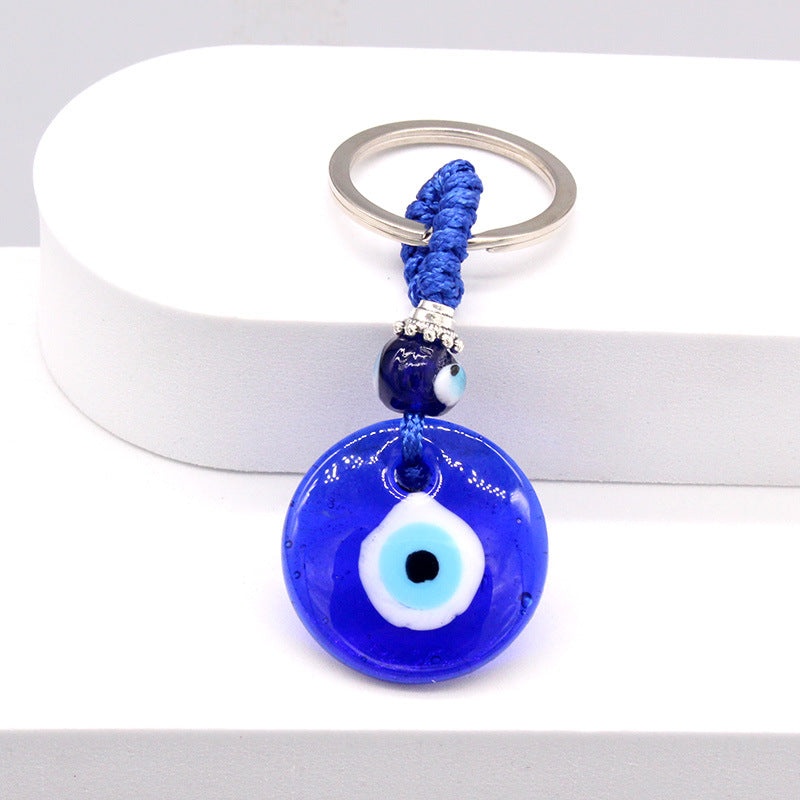 Women Simple Blue Glass Devil Eye Pendant Key Chain