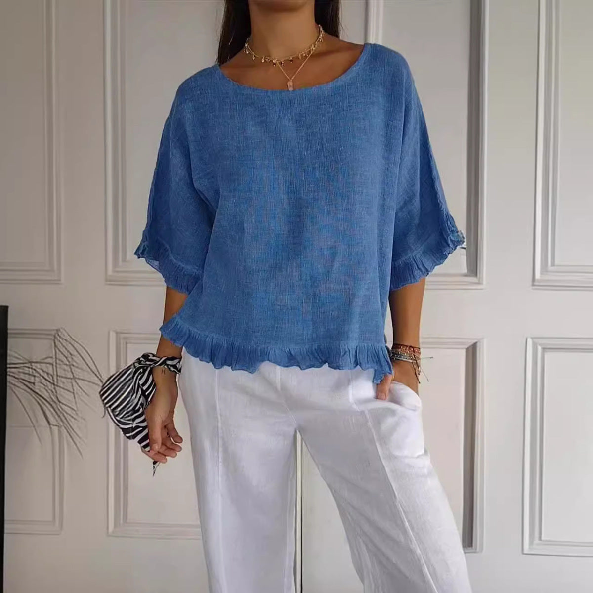 Camisa informal de lino y algodón de color liso para mujer