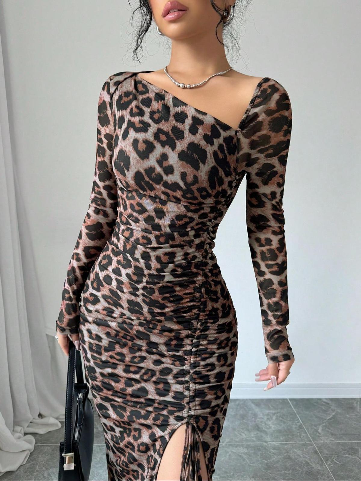 Vestido maxi ajustado de manga larga con estampado de leopardo sexy para mujer