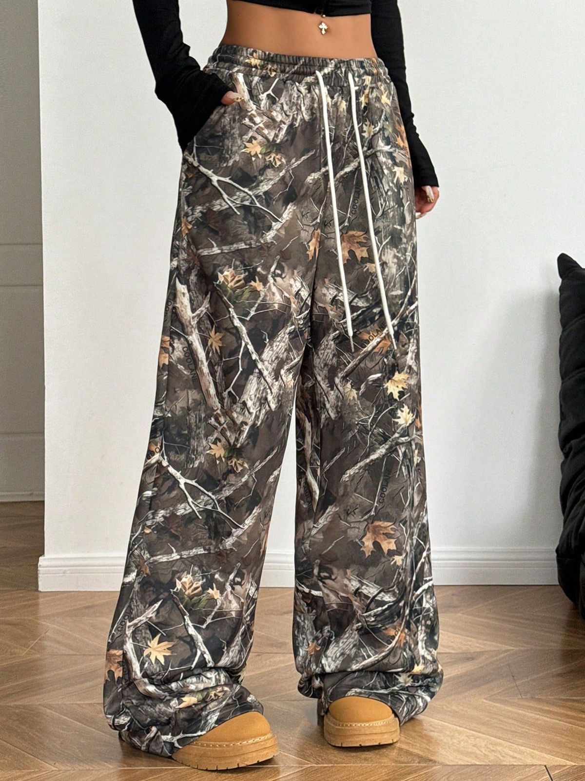 Pantalon large décontracté en coton et élasthanne pour femme, motif camouflage