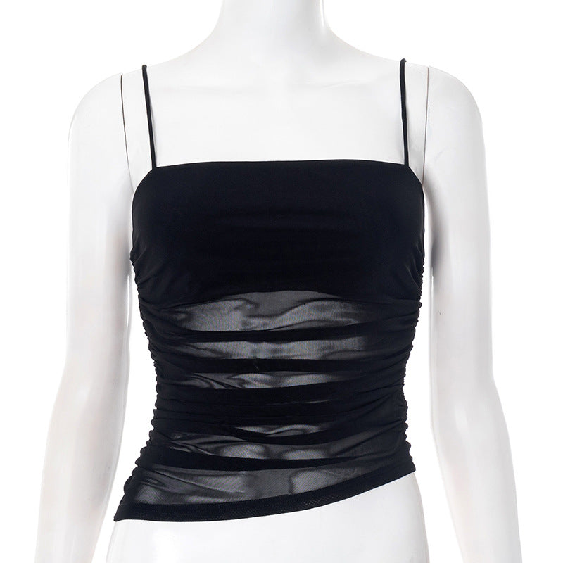 Women Summer Solid Color Mesh Pleated Camis