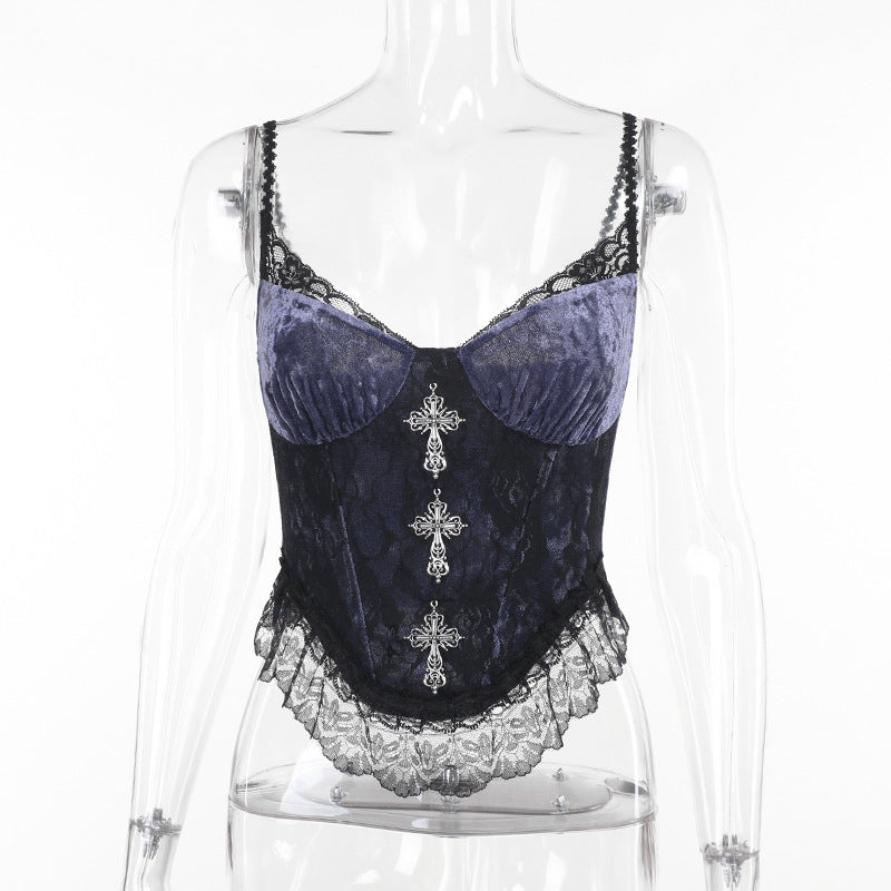 Haut caraco sexy et élégant en dentelle gothique avec pendentif en croix