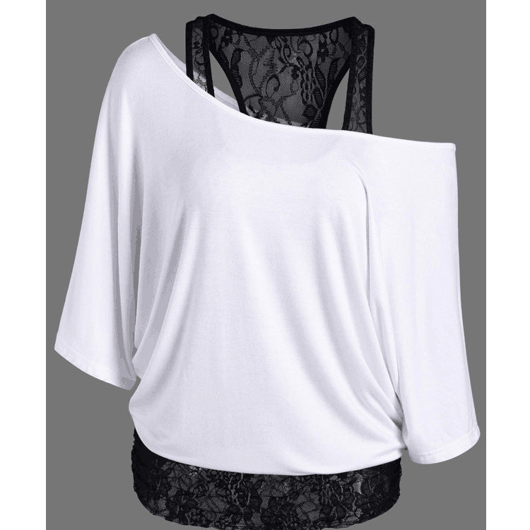 Plus Size Lace Splicing Slanted Shoulder T-Shirt
