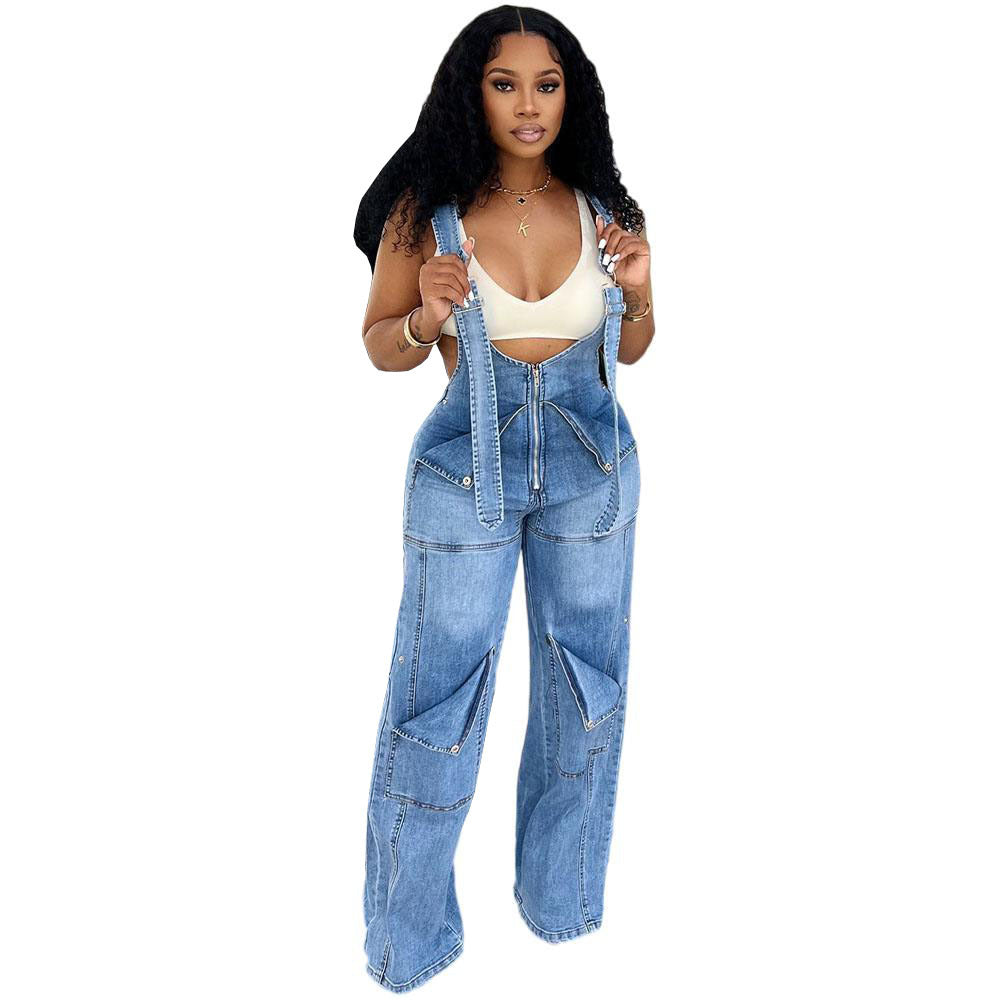 Women Casual Denim Jumpsuit Sleeveless High Waist Street Style