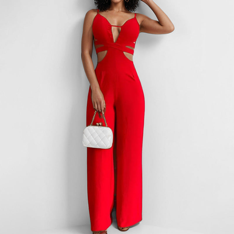 Women Fashion Sexy Solid Color Hollow-Out Jumpsuit