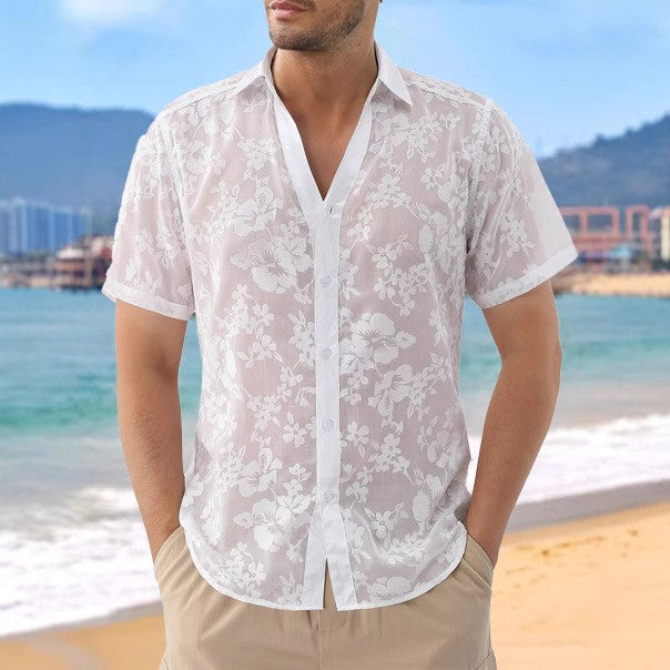 Men's Casual Cotton Jacquard Short-Sleeve Shirt