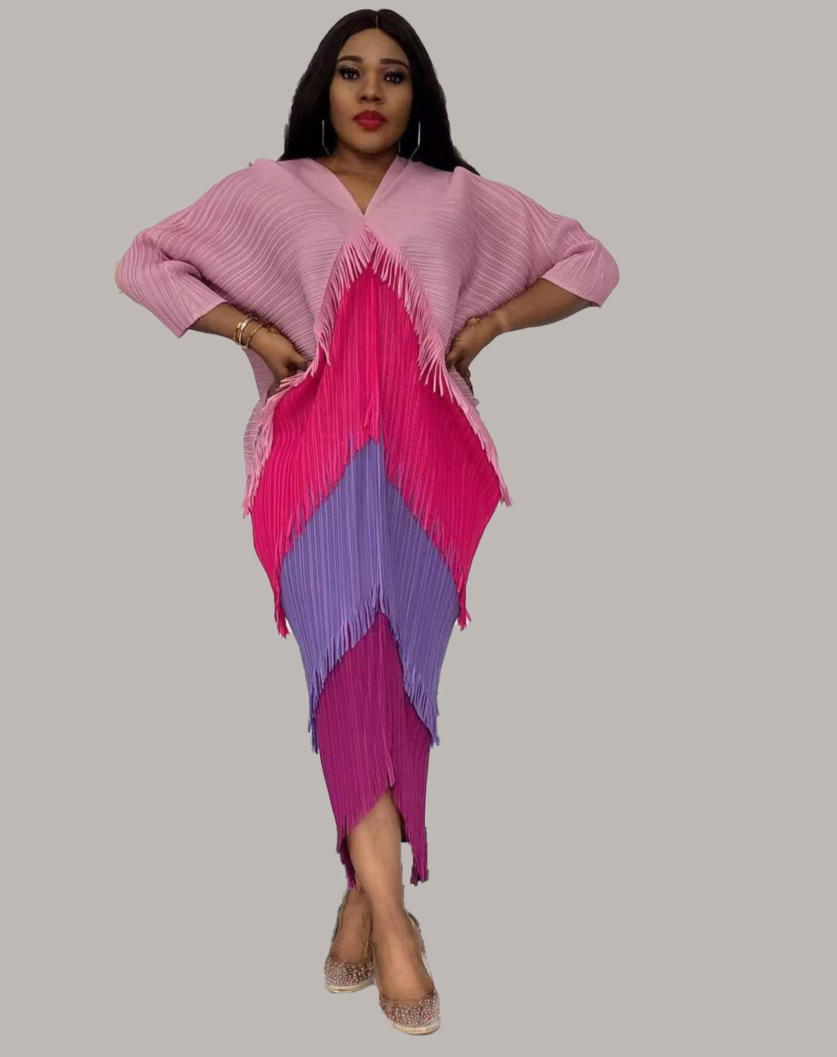 African Women Fashion Pleated Color Matching Dress