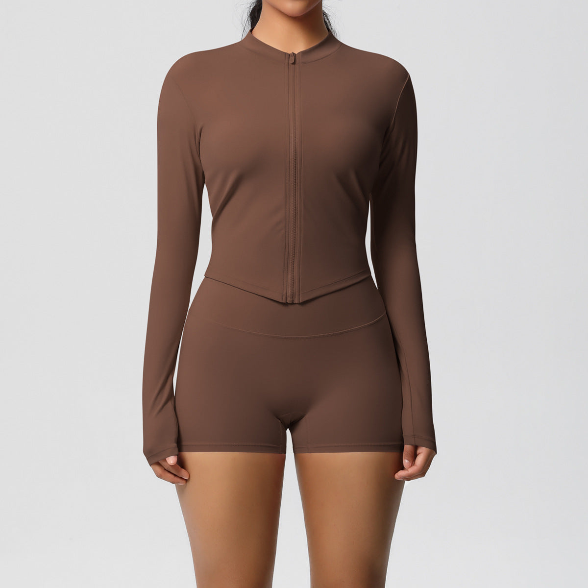 Ensemble haut à manches longues et short de yoga pour femme, couleur unie