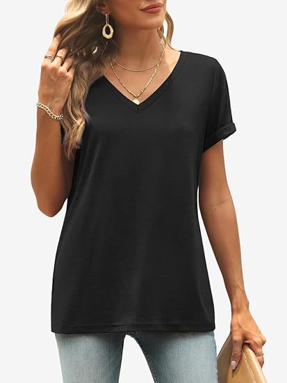 Camiseta informal de verano para mujer, color liso, cuello en V, manga corta, sin mangas