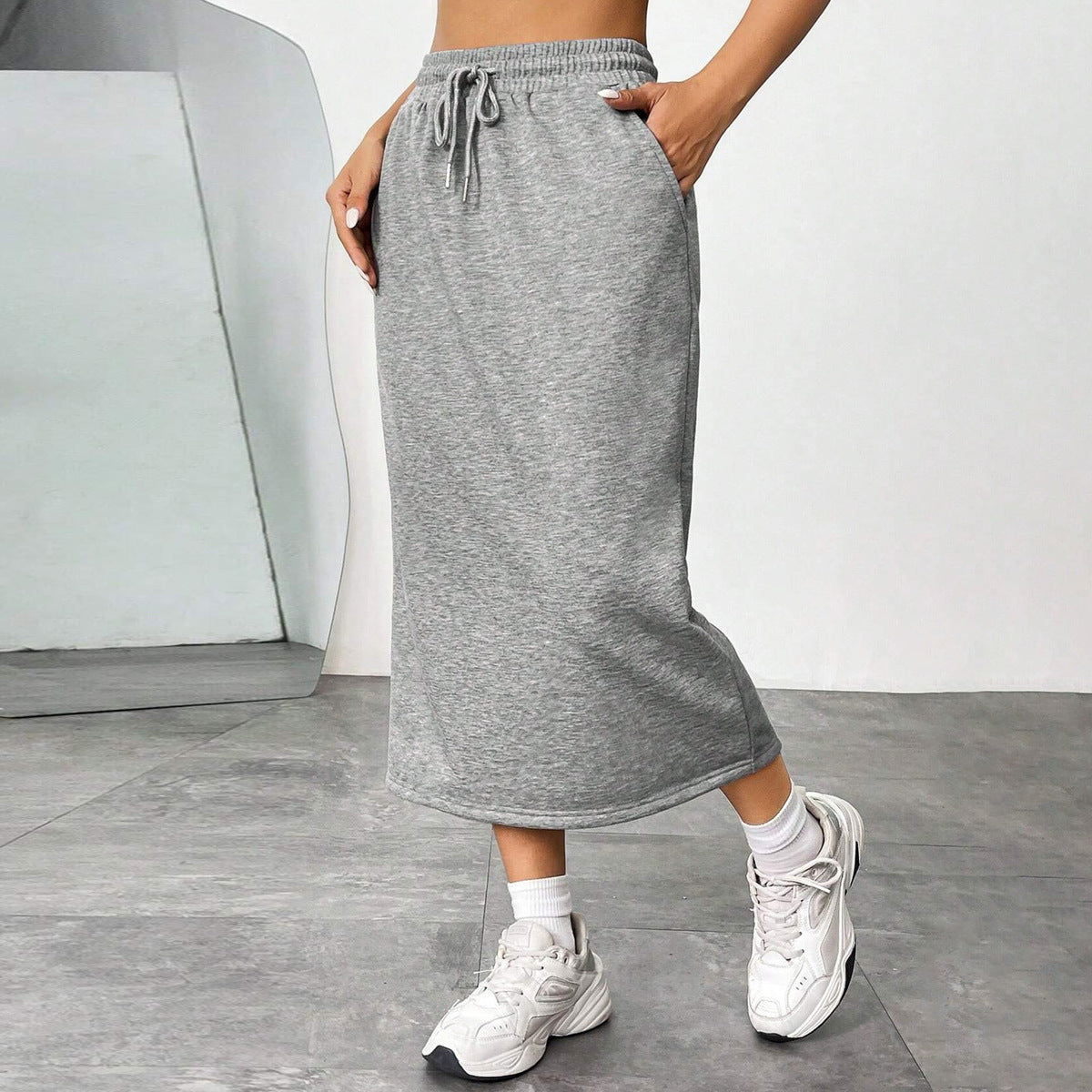 Women Casual Solid Color Polyester Midi Skirt