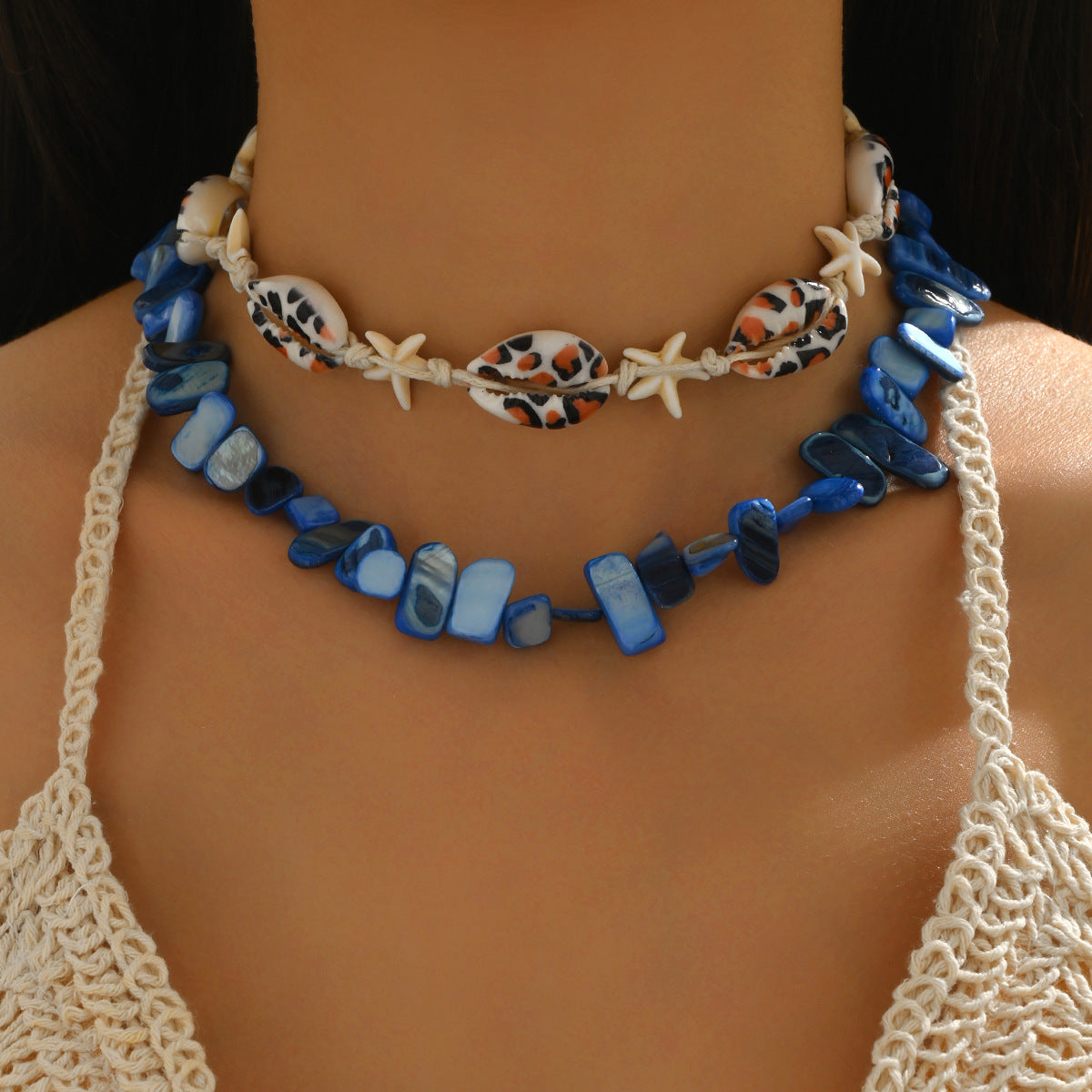 Ocean Wind Irregular Gravel Beaded Starfish Shell Sea Necklace