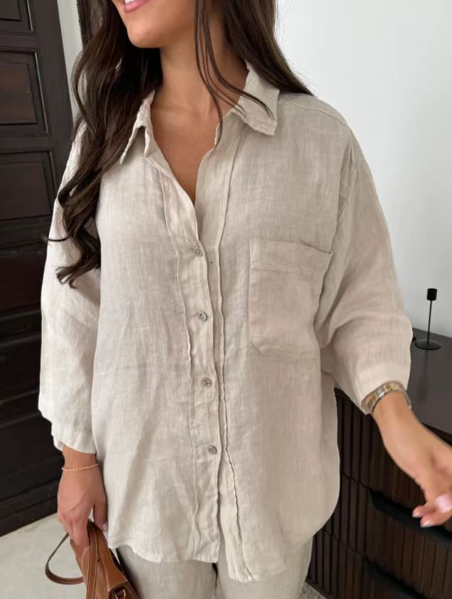 Ensemble chemise et pantalon décontractés à revers de couleur unie pour femmes, été