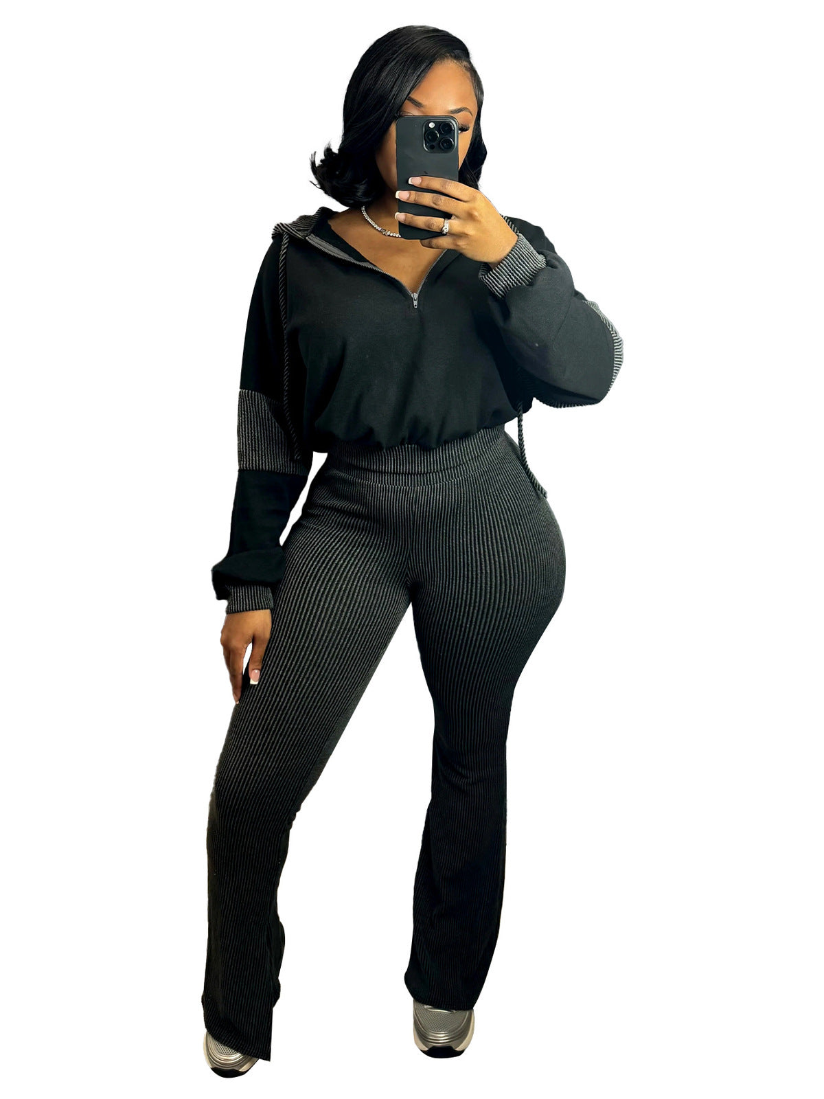 Women Casual Long-Sleeve Hoodie and Flare Pants Set