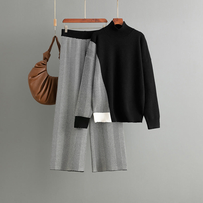 Conjunto de punto con pantalones anchos en contraste de color para mujer