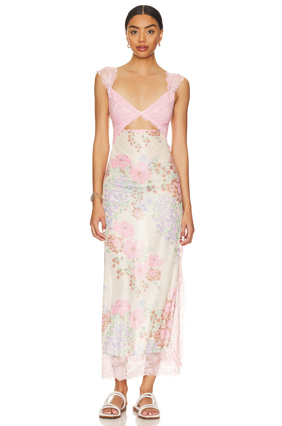 Vestido sexy de encaje calado sin mangas con abertura para mujer