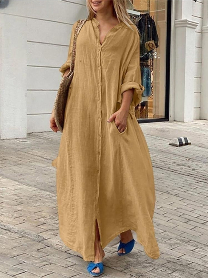 Vestido largo informal de color liso con bolsillos para mujer