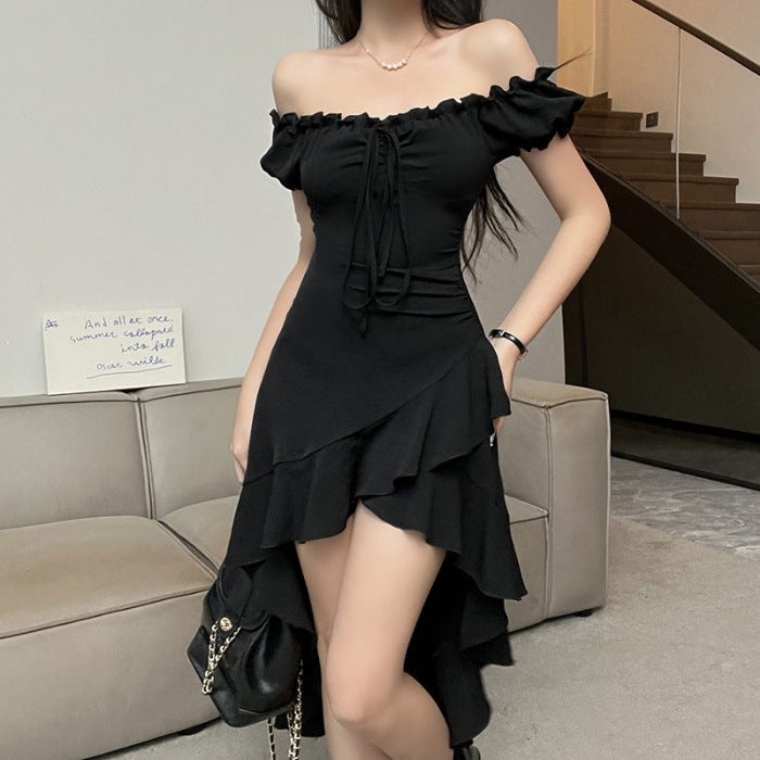 Robe sexy noire à volants et épaules dénudées pour femme