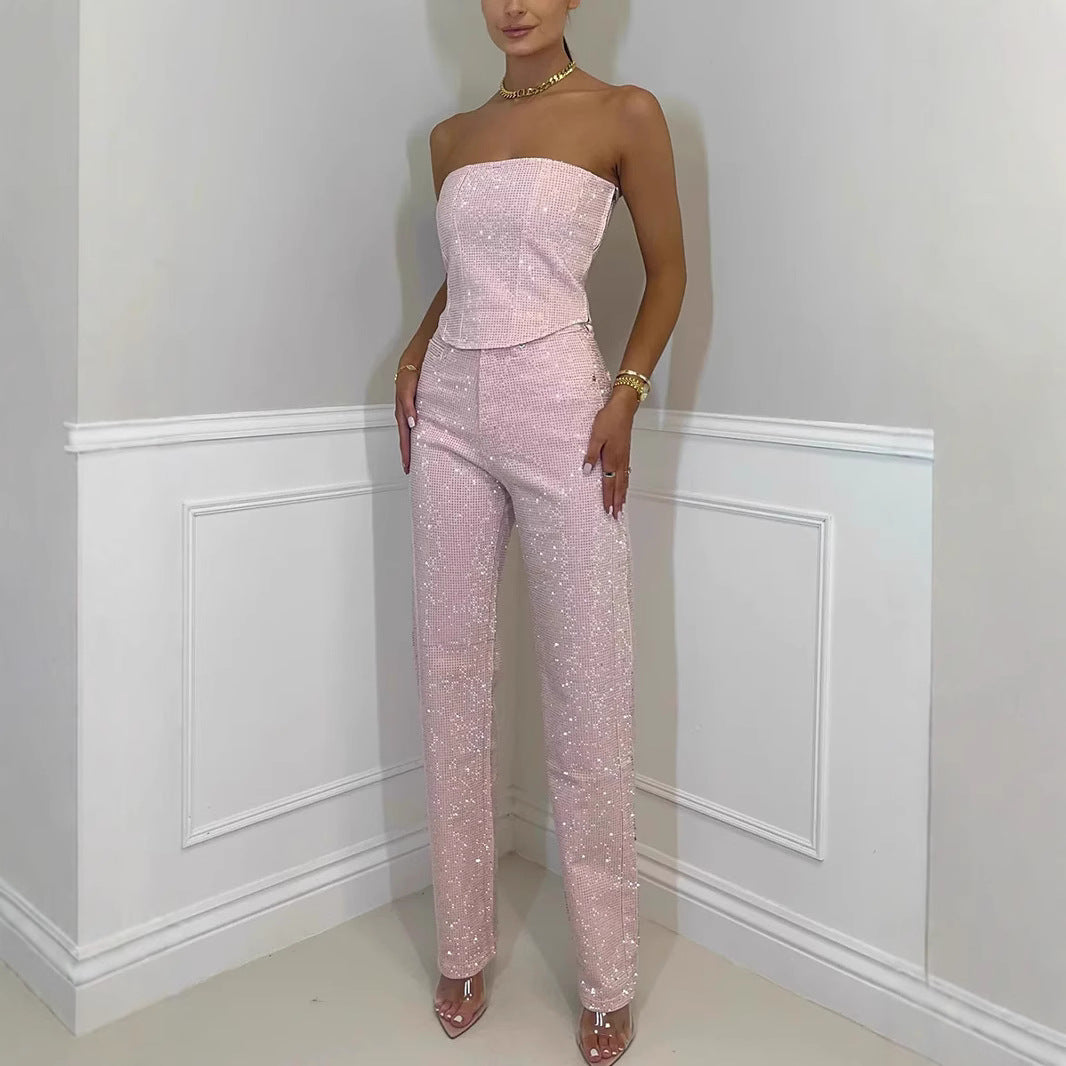 Women Fashion Sexy Solid Color Rhinestone Tube Top Set