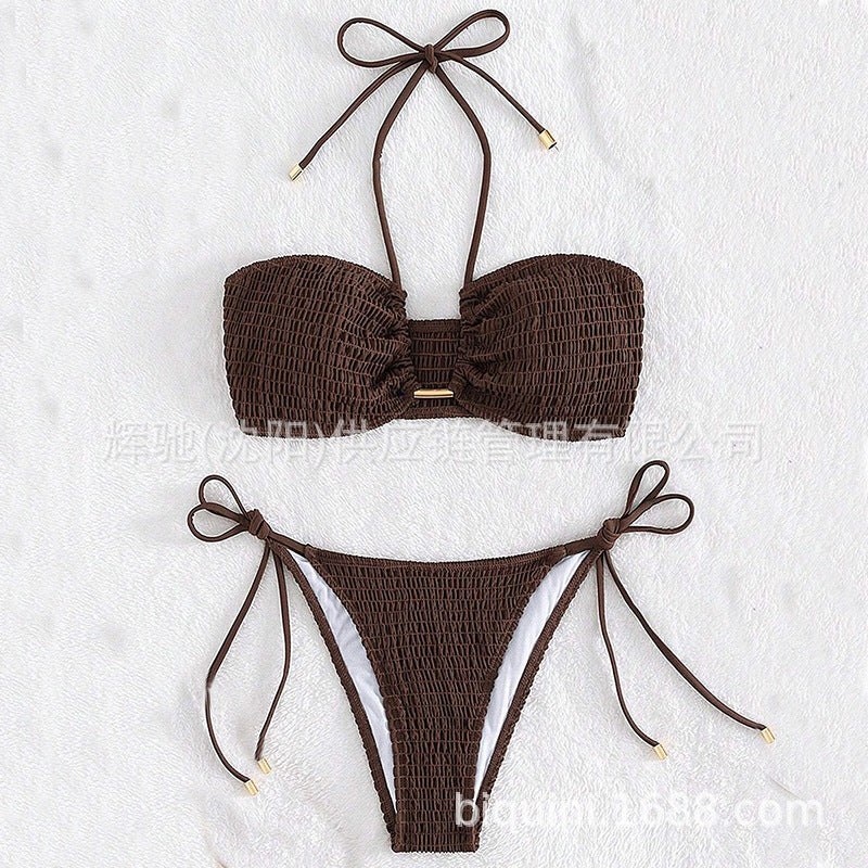 Summer Vacation Bikini Pleated Halter Neck Set