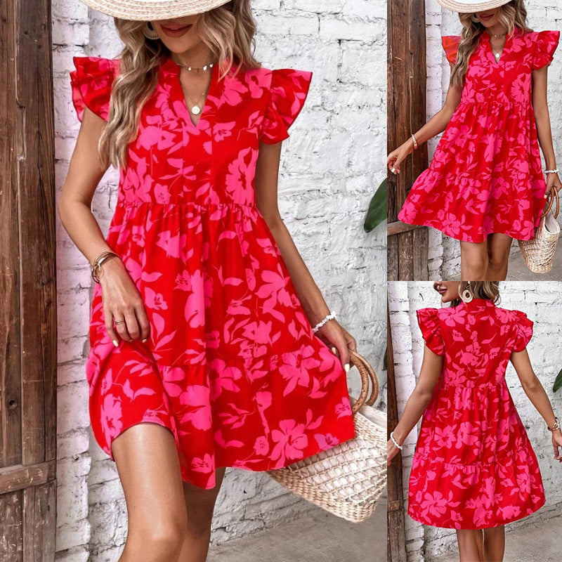 Summer Vacation Bohemian Style Women Casual Flower Motion Ruffle Dress