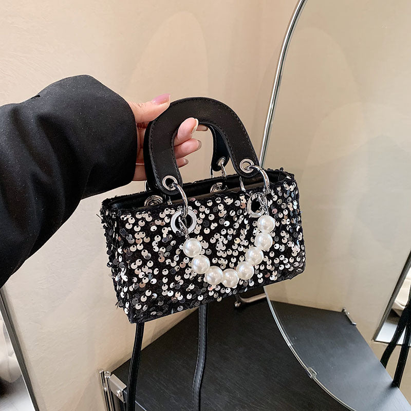 Mini bolso bandolera de verano con lentejuelas brillantes y correa de perlas