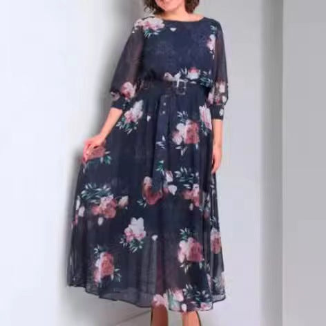 Women Fashion Casual Floral Printed Long Sleeve Loose Dress in Polyester