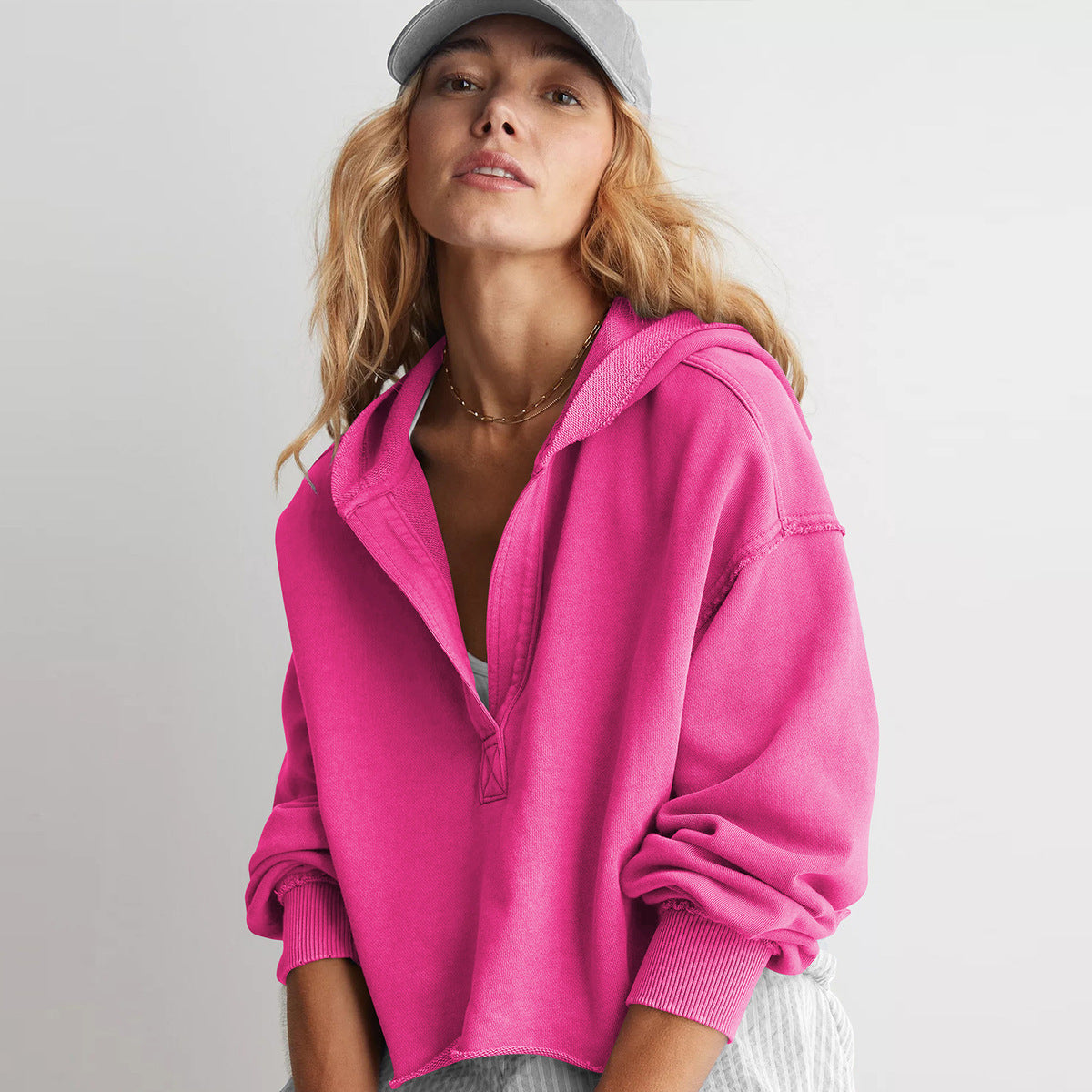 Women Solid Color V-Neck Long Sleeve Hoodies with Loose Fit
