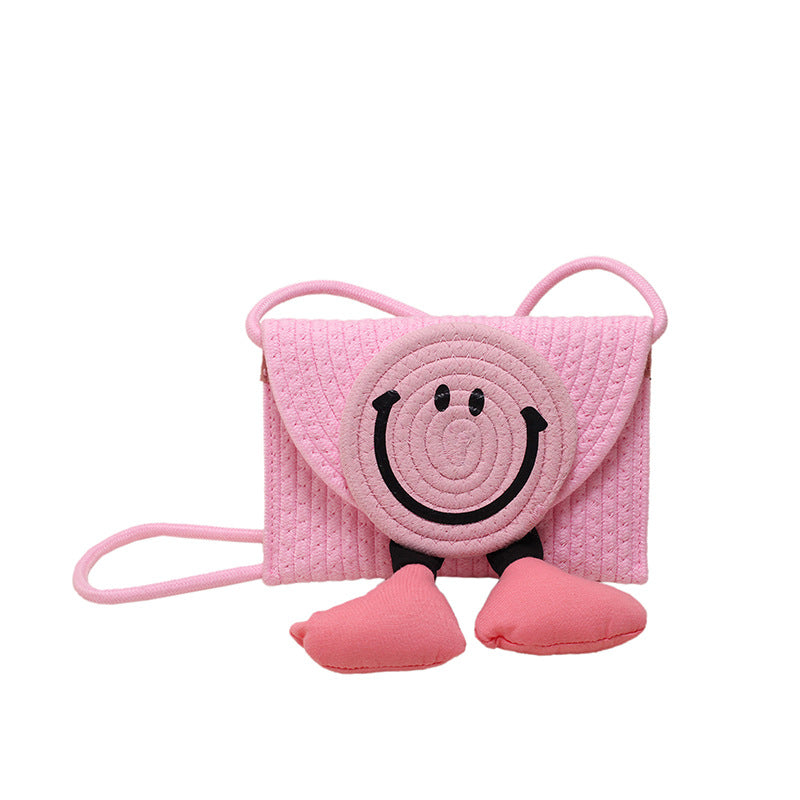 Bolso bandolera creativo de paja con carita sonriente de verano