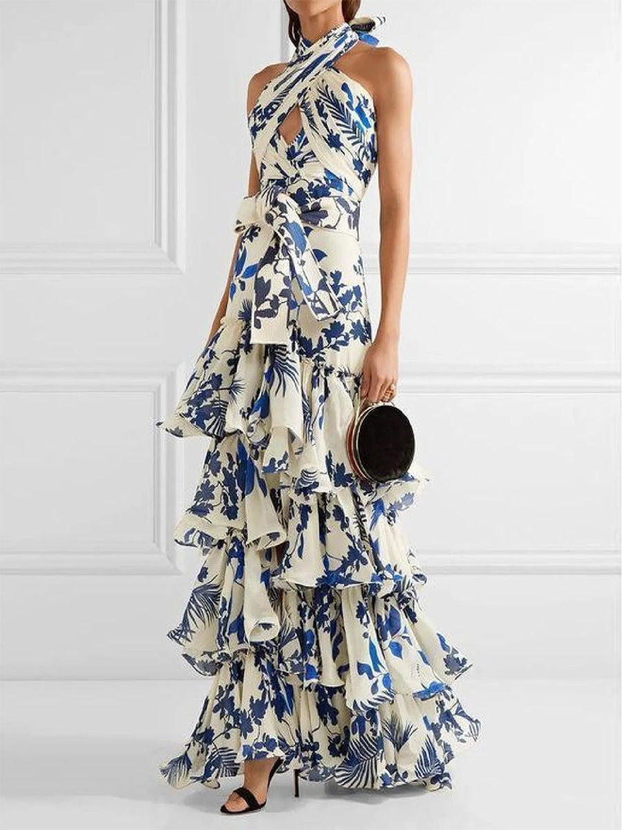 Vestido largo informal de verano estilo bohemio con cuello halter y espalda descubierta