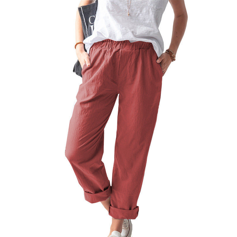 Women Casual Solid Color Cotton And Linen Pants