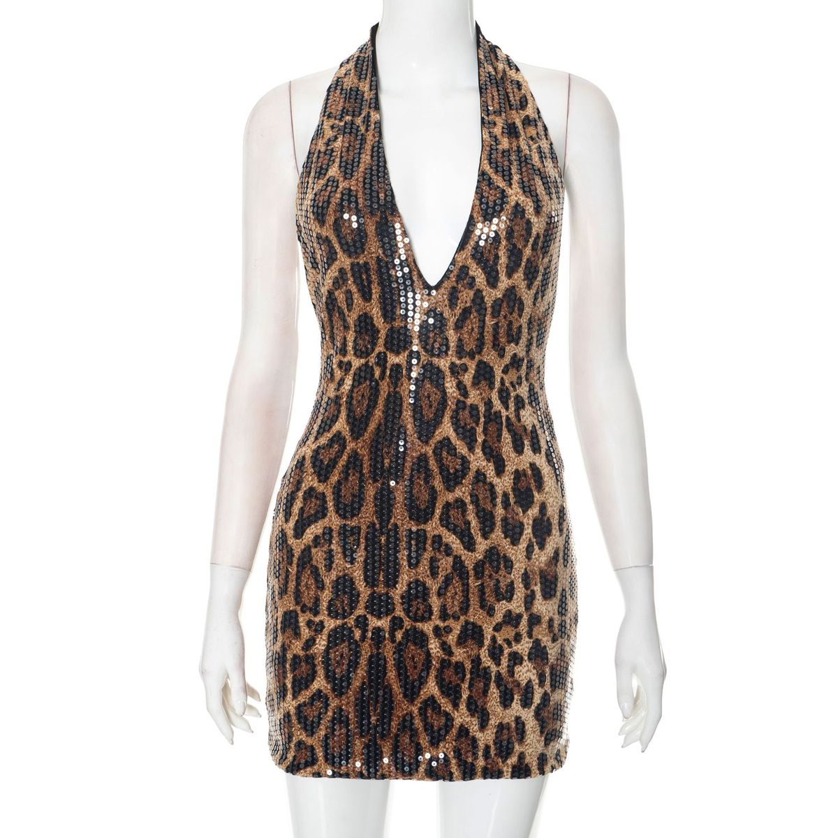 Robe sexy à paillettes léopard et col licou pour femme
