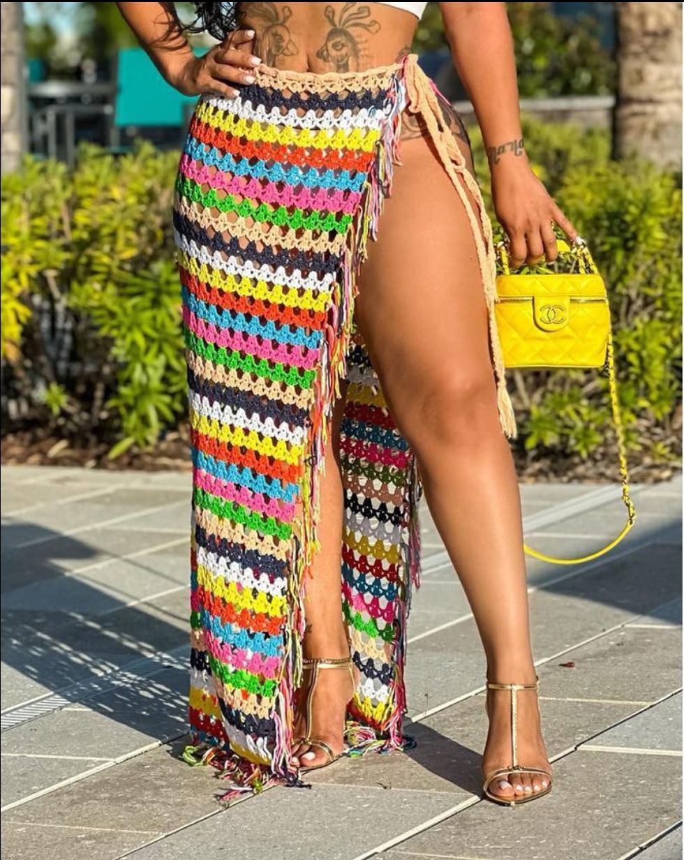 Handmade Crochet Rainbow Stripe Long Tassel Skirt