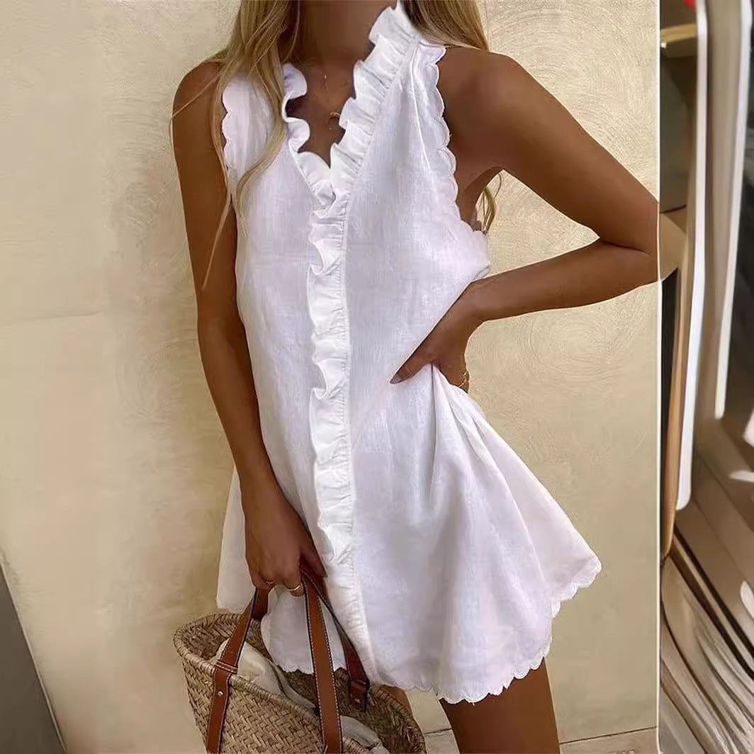 Robe décontractée en coton et lin pour femme, couleur unie, sans manches, à volants