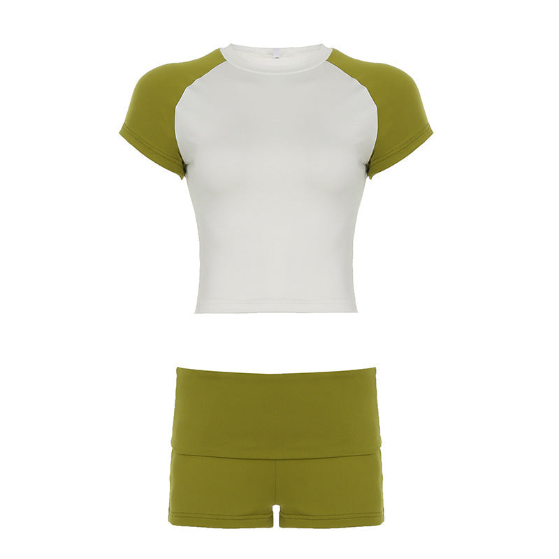 Women Fashion Casual Contrast Color T-Shirt Shorts Set