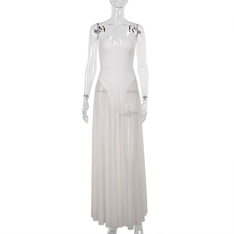 Women Elegant Mesh V-Neck Sleeveless Dress Polyester Slim Fit