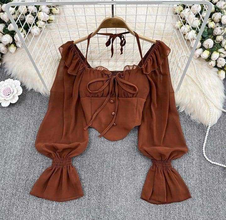 Women Fashion Off Shoulder Blouse Long Sleeve Slim Fit Chiffon Top