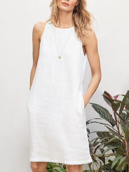 Vestido de cuello redondo de lino y algodón a la moda para mujer