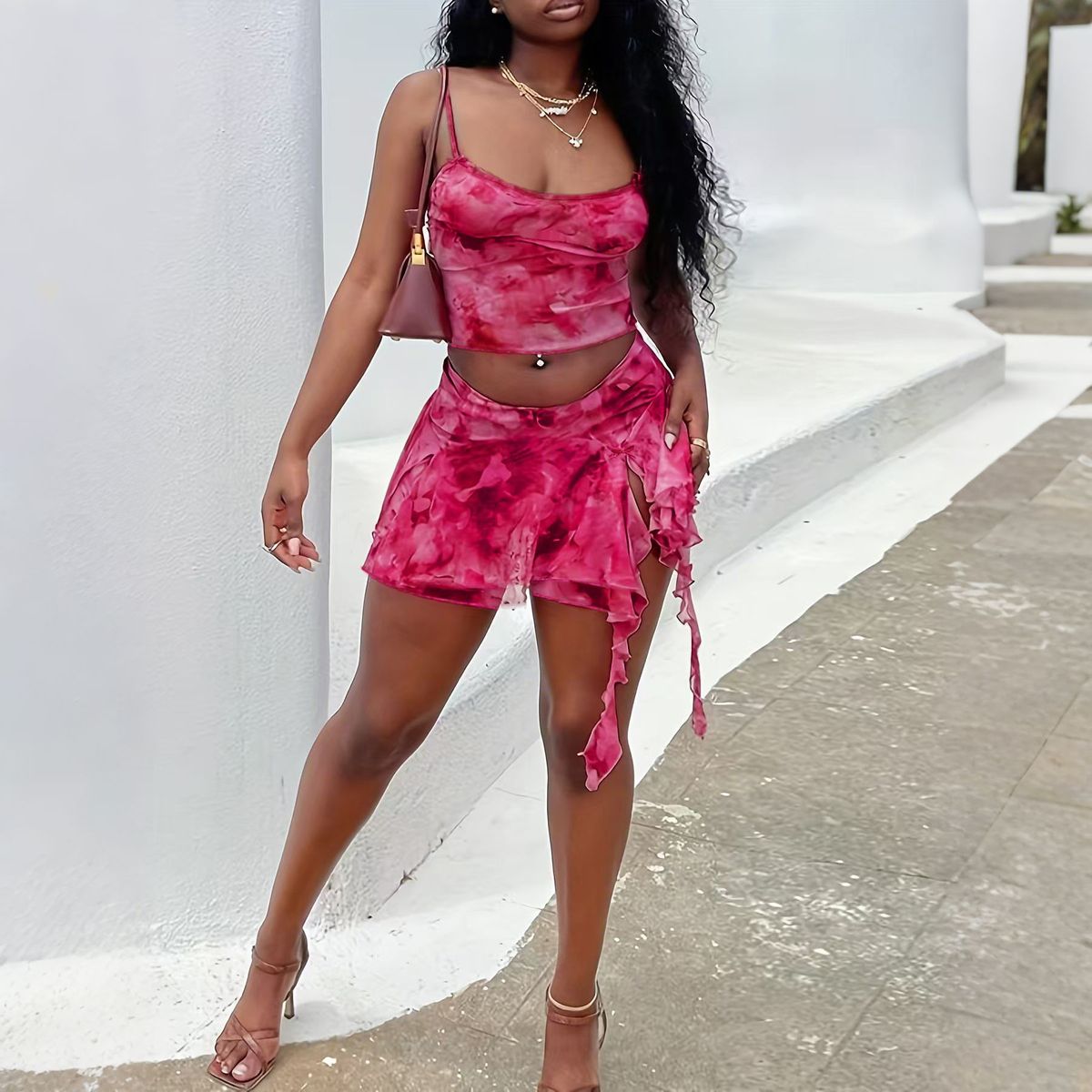 Women Fashion Sexy Tie-Dye Mesh Camisole Skirt Set