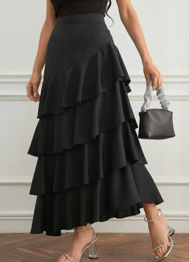 Women Fashion Casual Solid Color Ruffled High Waist Skirt