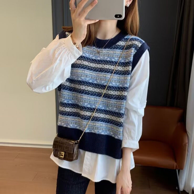Blusa de dos piezas con costuras falsas informales a la moda para mujer