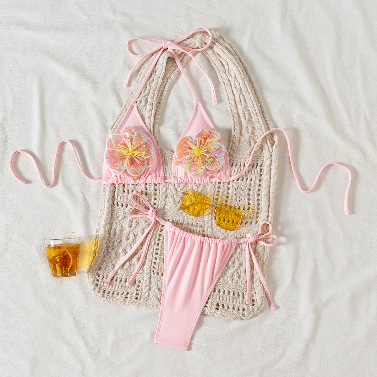 Traje de baño de bikini de nailon con cuello halter y decoración floral sexy para mujer