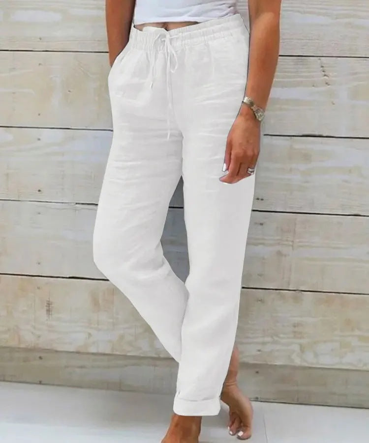 Women Casual Solid Color Cotton And Linen High-Waist Lace-Up Pants