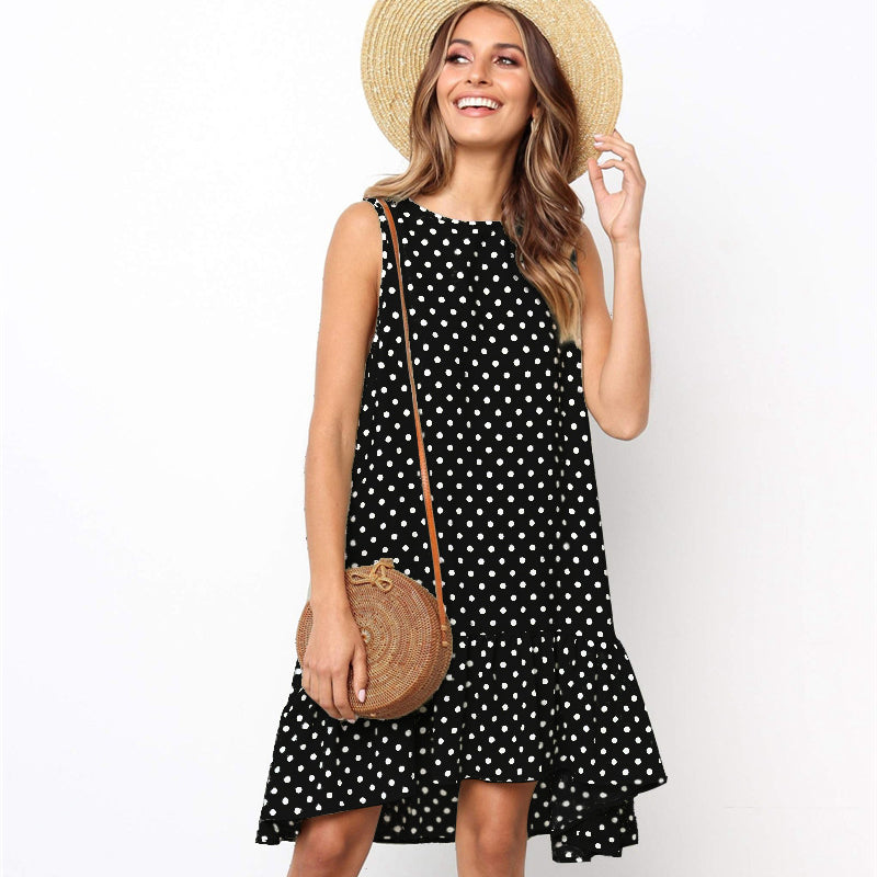 Minivestido playero bohemio de verano con lunares, sin mangas y volantes para mujer