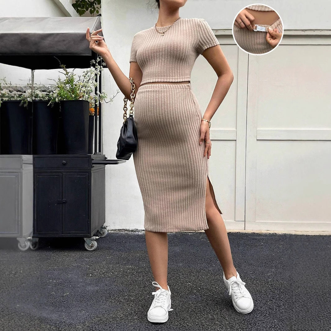 Mid-Length Slim-Fit Adjustable Waist Short-Sleeved Top Skirt Set
