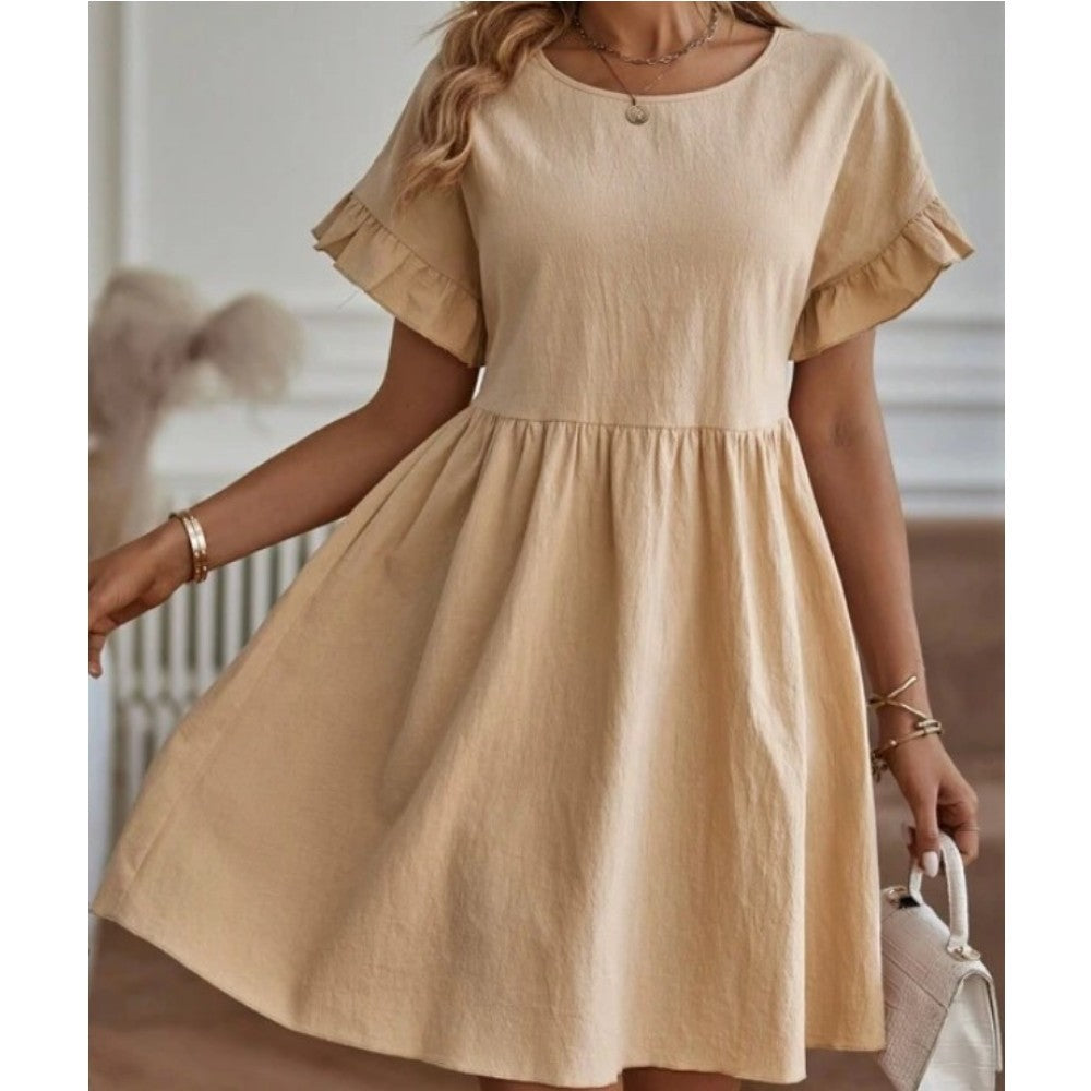 Summer Women Casual Solid Color Round Neck Dress