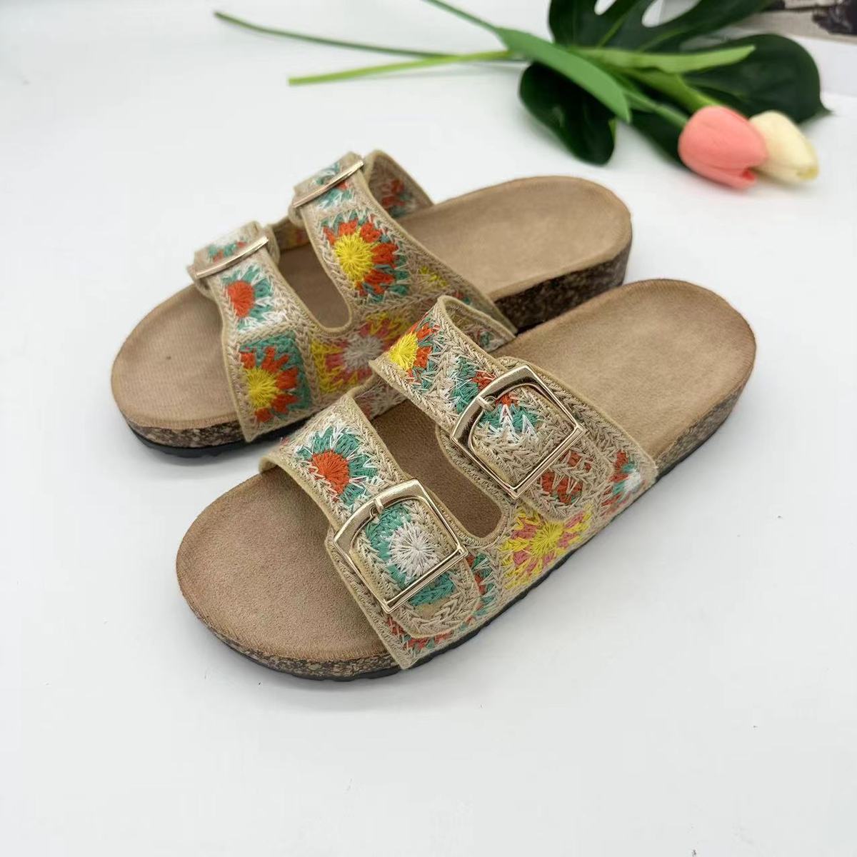 Chaussons tissés à double boucle pour femmes, style décontracté, idéal pour les vacances