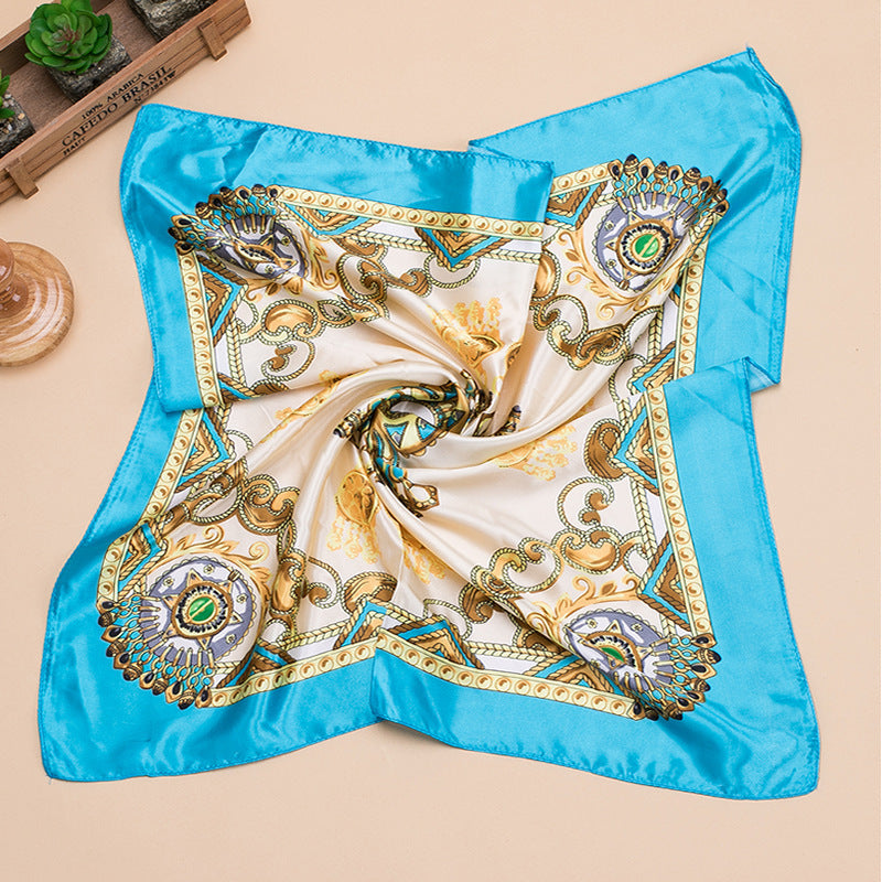 Grand foulard carré en satin imprimé mode femme, joli motif floral