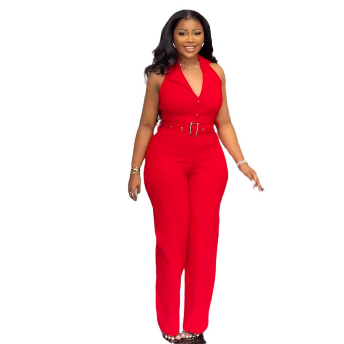Women Fashion V-Neck Backless Wide-Leg Jumpsuit in Solid Color