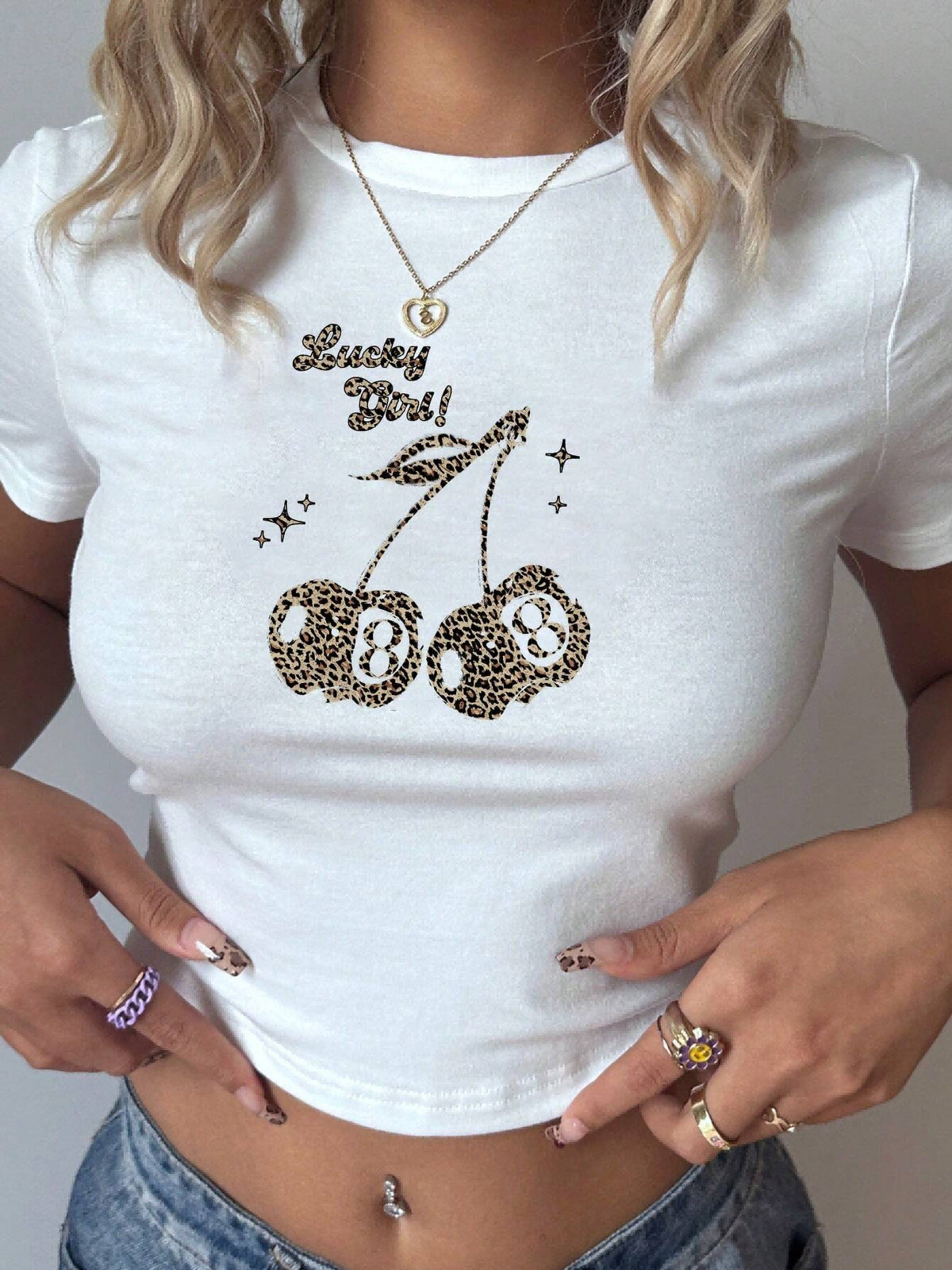Women Fashion Sexy Cherry Print Short-Sleeve Slim-Fit T-Shirt