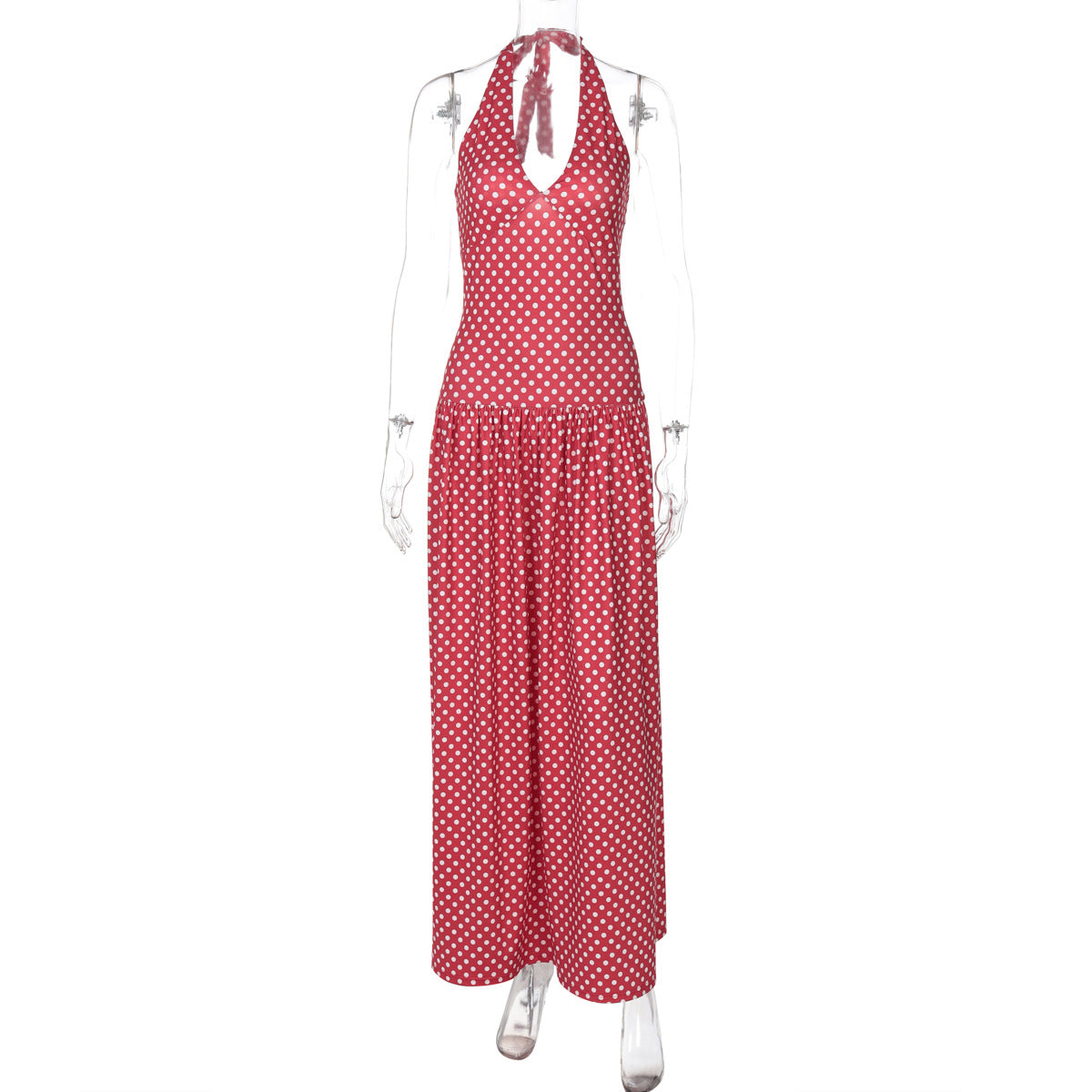 Women Fashion Sexy Polo Dot Printed V Neck Dress with Lace Up